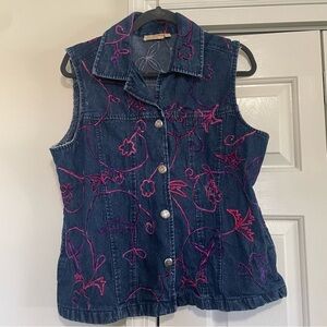 Choices Denim Button Vest Pink Embroidery Size Large